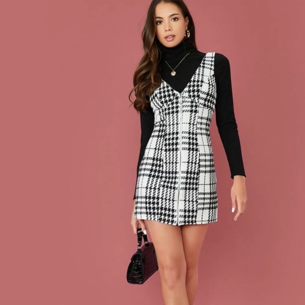NEW SHEIN PLAID OVERALL ZIP FRONT O-RING DRESS